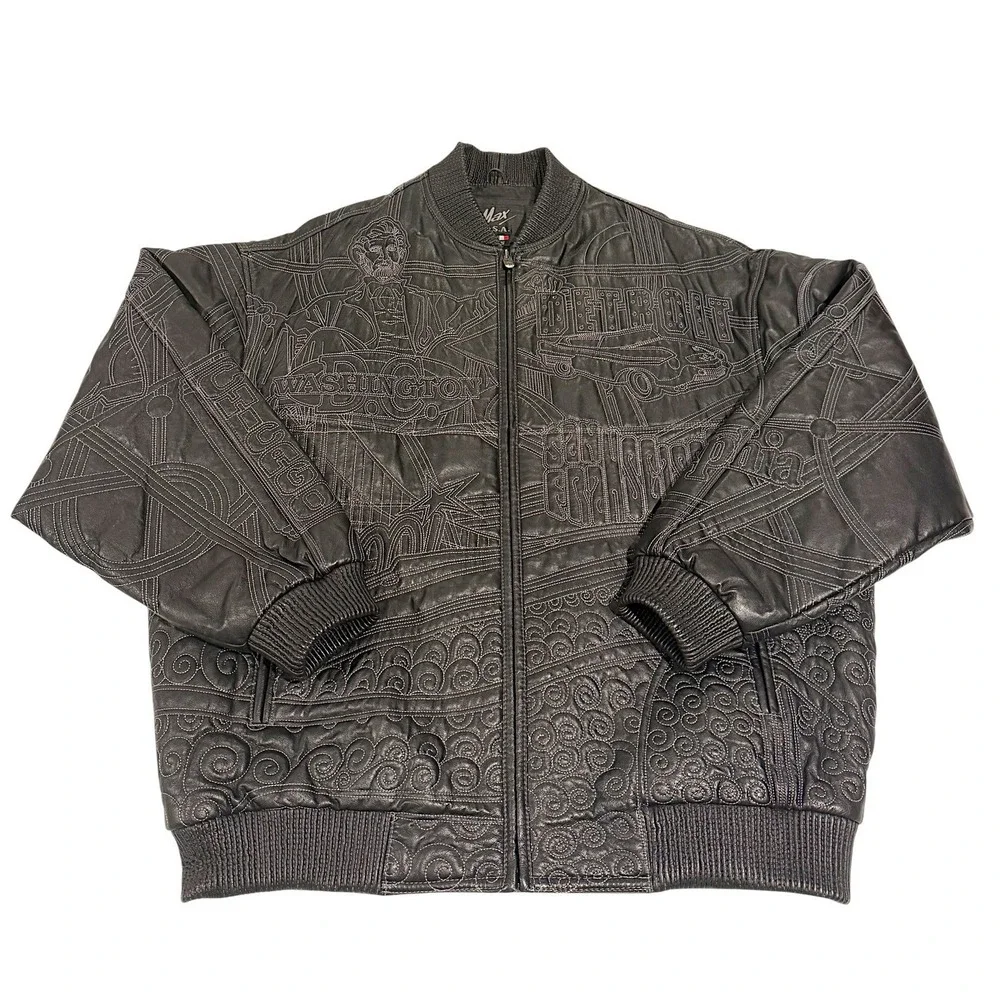 Vintage‎ Max USA Leather Jacket Embroidered Patterned Design Hip Hop Y2K 90s XL